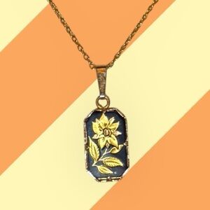 Vintage Gold and Black Floral silhouette Pendant Necklace